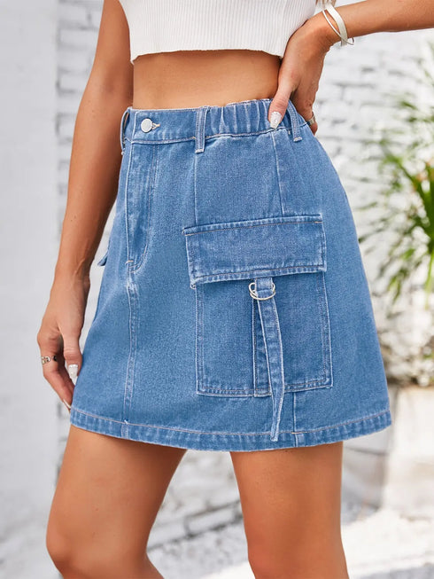 'Lilith' Buttoned Denim Skirt With Pockets - Celes Fashion
